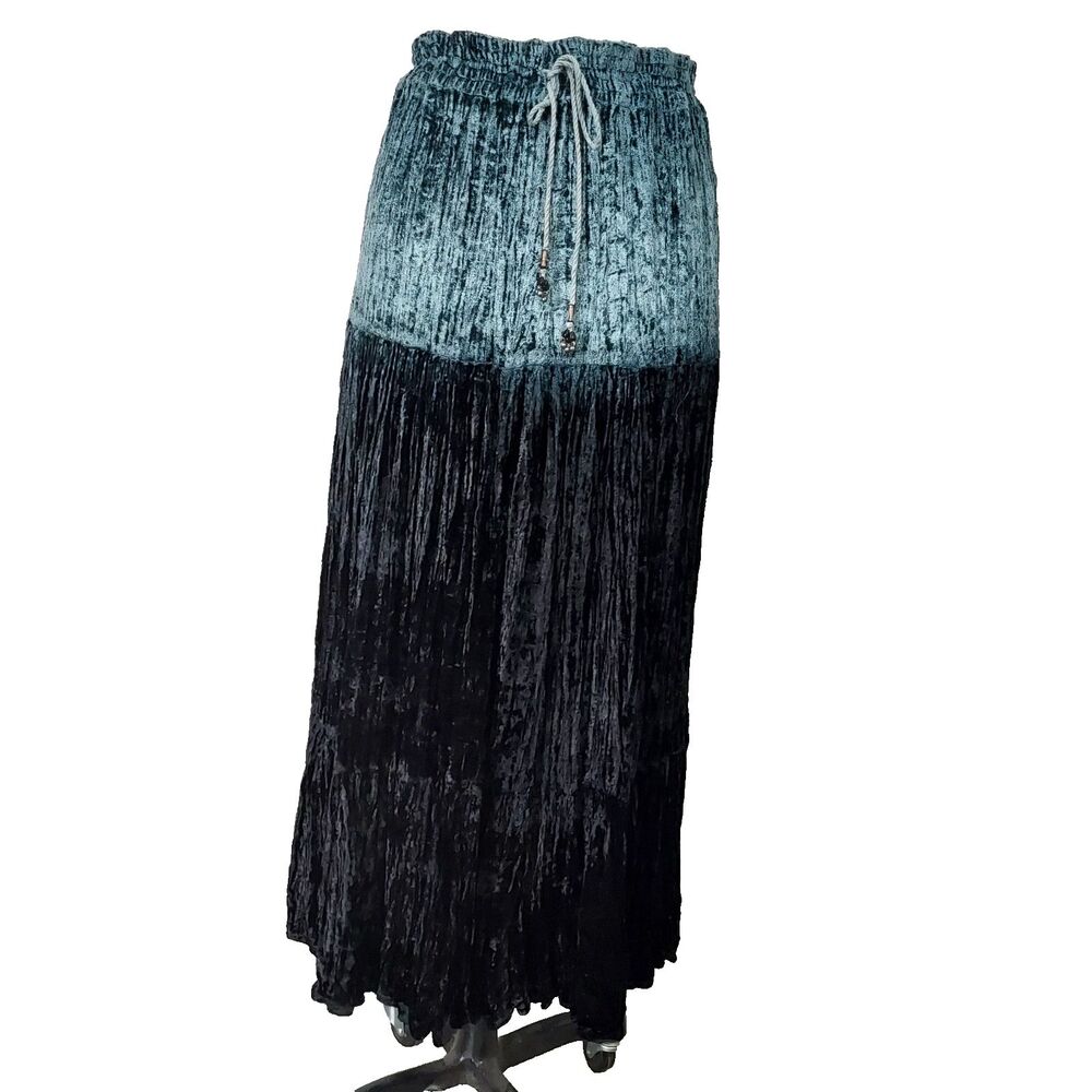 Indira Crushed Velvet Maxi Bohemian Skirt Drawstring Waist Sz Large Crinkled NWT